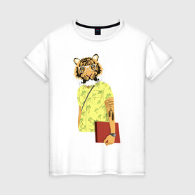 Женская футболка хлопок с принтом Тигр хипстер в Новосибирске, 100% хлопок | прямой крой, круглый вырез горловины, длина до линии бедер, слегка спущенное плечо | 