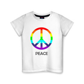 Детская футболка хлопок с принтом Мир (Peace). Пацифик в Новосибирске, 100% хлопок | круглый вырез горловины, полуприлегающий силуэт, длина до линии бедер | Тематика изображения на принте: (peace) | венок | знак | на картинке изображен знак пацифик и надпись peace   мирмир | пацифик | пис