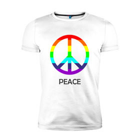 Мужская футболка премиум с принтом Мир (Peace). Пацифик в Новосибирске, 92% хлопок, 8% лайкра | приталенный силуэт, круглый вырез ворота, длина до линии бедра, короткий рукав | (peace) | венок | знак | на картинке изображен знак пацифик и надпись peace   мирмир | пацифик | пис