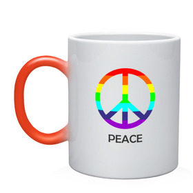 Кружка хамелеон с принтом Мир (Peace). Пацифик в Новосибирске, керамика | меняет цвет при нагревании, емкость 330 мл | (peace) | венок | знак | на картинке изображен знак пацифик и надпись peace   мирмир | пацифик | пис