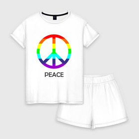 Женская пижама с шортиками хлопок с принтом Мир (Peace) Пацифик в Новосибирске, 100% хлопок | футболка прямого кроя, шорты свободные с широкой мягкой резинкой | Тематика изображения на принте: (peace) | венок | знак | на картинке изображен знак пацифик и надпись peace   мирмир | пацифик | пис