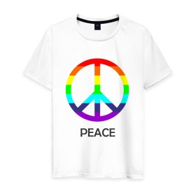Мужская футболка хлопок с принтом Мир (Peace). Пацифик в Новосибирске, 100% хлопок | прямой крой, круглый вырез горловины, длина до линии бедер, слегка спущенное плечо. | (peace) | венок | знак | на картинке изображен знак пацифик и надпись peace   мирмир | пацифик | пис