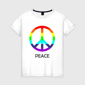 Женская футболка хлопок с принтом Мир (Peace). Пацифик в Новосибирске, 100% хлопок | прямой крой, круглый вырез горловины, длина до линии бедер, слегка спущенное плечо | (peace) | венок | знак | на картинке изображен знак пацифик и надпись peace   мирмир | пацифик | пис