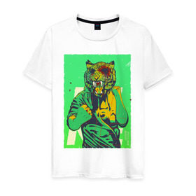 Мужская футболка хлопок с принтом Tiger в Новосибирске, 100% хлопок | прямой крой, круглый вырез горловины, длина до линии бедер, слегка спущенное плечо. | hotline miami