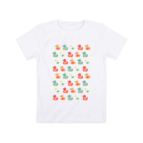 Детская футболка хлопок с принтом Утки в Новосибирске, 100% хлопок | круглый вырез горловины, полуприлегающий силуэт, длина до линии бедер | Тематика изображения на принте: паттерн | паттерн из разноцветных утят.утки | разноцветные | утята