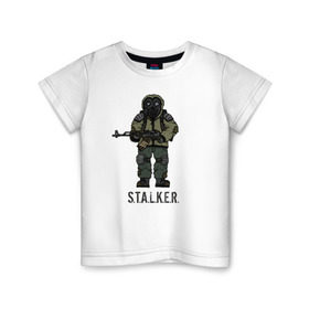 Детская футболка хлопок с принтом Сталкер в Новосибирске, 100% хлопок | круглый вырез горловины, полуприлегающий силуэт, длина до линии бедер | Тематика изображения на принте: shooter | stalker | радиация | шутер