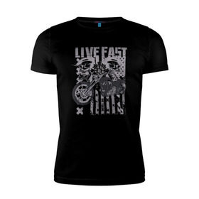 Мужская футболка премиум с принтом Live Fast в Новосибирске, 92% хлопок, 8% лайкра | приталенный силуэт, круглый вырез ворота, длина до линии бедра, короткий рукав | america | biker | skull | мото