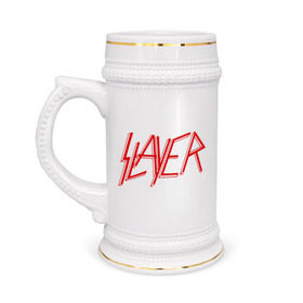 Кружка пивная с принтом Slayer logo в Новосибирске,  керамика (Материал выдерживает высокую температуру, стоит избегать резкого перепада температур) |  объем 630 мл | alternative rock | pank | punk | rock | slayer | альтернативный рок | метал | панк | рок | слаер | тяжелая музыка | хард рок | хеви метал