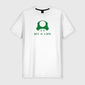 Мужская футболка премиум с принтом Mario Mushroom в Новосибирске, 92% хлопок, 8% лайкра | приталенный силуэт, круглый вырез ворота, длина до линии бедра, короткий рукав | lvl up | nintendo | гриб | жизнь | марио | нинтендо