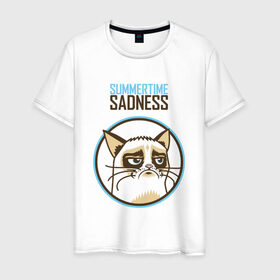Мужская футболка хлопок с принтом Grampy summertime sadness в Новосибирске, 100% хлопок | прямой крой, круглый вырез горловины, длина до линии бедер, слегка спущенное плечо. | cat | grampy | grampy cat   summertime sadness | грэмпи | кот | летняя грустьгрустный | лето | печаль