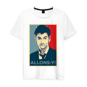 Мужская футболка хлопок с принтом Десятый доктор Allons-y! в Новосибирске, 100% хлопок | прямой крой, круглый вырез горловины, длина до линии бедер, слегка спущенное плечо. | Тематика изображения на принте: allons y | doctor who | десятый доктор | доктор кто