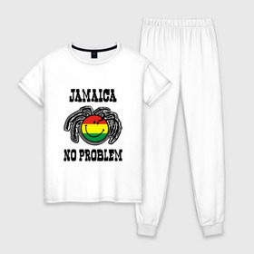 Женская пижама хлопок с принтом Jamaica в Новосибирске, 100% хлопок | брюки и футболка прямого кроя, без карманов, на брюках мягкая резинка на поясе и по низу штанин | bob marley | jamaica | no problem | reggae | растаман | регги