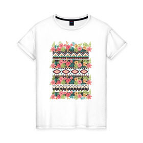 Женская футболка хлопок с принтом Flower pattern в Новосибирске, 100% хлопок | прямой крой, круглый вырез горловины, длина до линии бедер, слегка спущенное плечо | 