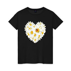 Женская футболка хлопок с принтом Цветущее сердце в Новосибирске, 100% хлопок | прямой крой, круглый вырез горловины, длина до линии бедер, слегка спущенное плечо | любовь | ромашки | сердце | цветы