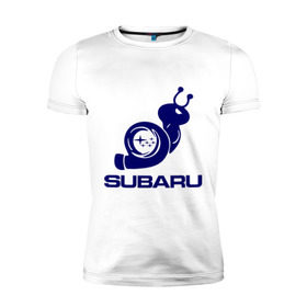 Мужская футболка премиум с принтом Subaru в Новосибирске, 92% хлопок, 8% лайкра | приталенный силуэт, круглый вырез ворота, длина до линии бедра, короткий рукав | Тематика изображения на принте: subaru | авто | субарик | субару | турбина | улитка