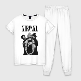 Женская пижама хлопок с принтом Nirvana Group в Новосибирске, 100% хлопок | брюки и футболка прямого кроя, без карманов, на брюках мягкая резинка на поясе и по низу штанин | kurt cobain | nirvana | курт кобейн | нирвана | нранж