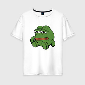 Женская футболка хлопок Oversize с принтом Грустняш в Новосибирске, 100% хлопок | свободный крой, круглый ворот, спущенный рукав, длина до линии бедер
 | pepe | грустная жаба | жаба | мем | пепе