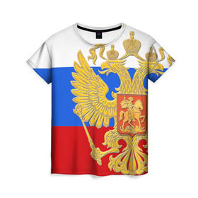 Женская футболка 3D с принтом Флаг и герб РФ в Новосибирске, 100% полиэфир ( синтетическое хлопкоподобное полотно) | прямой крой, круглый вырез горловины, длина до линии бедер | Тематика изображения на принте: герб | патриот | россия | рф | флаг