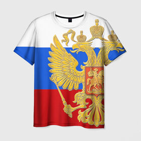 Мужская футболка 3D с принтом Флаг и герб РФ в Новосибирске, 100% полиэфир | прямой крой, круглый вырез горловины, длина до линии бедер | герб | патриот | россия | рф | флаг