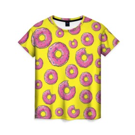Женская футболка 3D с принтом Пончики в Новосибирске, 100% полиэфир ( синтетическое хлопкоподобное полотно) | прямой крой, круглый вырез горловины, длина до линии бедер | donut | simpsons | паттерн | пончик