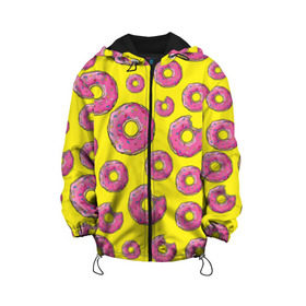 Детская куртка 3D с принтом Пончики в Новосибирске, 100% полиэстер | застежка — молния, подол и капюшон оформлены резинкой с фиксаторами, по бокам — два кармана без застежек, один потайной карман на груди, плотность верхнего слоя — 90 г/м2; плотность флисового подклада — 260 г/м2 | donut | simpsons | паттерн | пончик