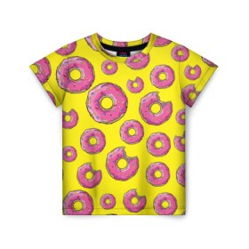 Детская футболка 3D с принтом Пончики в Новосибирске, 100% гипоаллергенный полиэфир | прямой крой, круглый вырез горловины, длина до линии бедер, чуть спущенное плечо, ткань немного тянется | donut | simpsons | паттерн | пончик