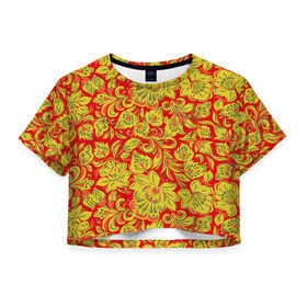 Женская футболка 3D укороченная с принтом Хохлома в Новосибирске, 100% полиэстер | круглая горловина, длина футболки до линии талии, рукава с отворотами | роспись | узор | хохлома