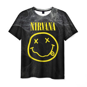 Мужская футболка 3D с принтом Nirvana в Новосибирске, 100% полиэфир | прямой крой, круглый вырез горловины, длина до линии бедер | Тематика изображения на принте: cobain | curt | nirvana | rock | smile | кобейн | курт | рок | смайл