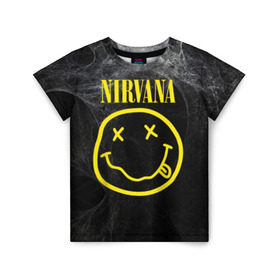 Детская футболка 3D с принтом Nirvana в Новосибирске, 100% гипоаллергенный полиэфир | прямой крой, круглый вырез горловины, длина до линии бедер, чуть спущенное плечо, ткань немного тянется | Тематика изображения на принте: cobain | curt | nirvana | rock | smile | кобейн | курт | рок | смайл