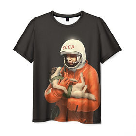 Мужская футболка 3D с принтом Гагарин в Новосибирске, 100% полиэфир | прямой крой, круглый вырез горловины, длина до линии бедер | гагарин | космос. россия | поехали | полет | собака | ссср
