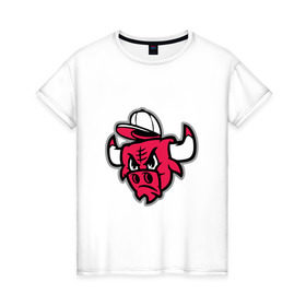 Женская футболка хлопок с принтом Chicago Bulls (в кепке) в Новосибирске, 100% хлопок | прямой крой, круглый вырез горловины, длина до линии бедер, слегка спущенное плечо | chicago bulls | буллз | кепка | чикаго | чикаго буллз