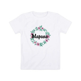 Детская футболка хлопок с принтом Марина в Новосибирске, 100% хлопок | круглый вырез горловины, полуприлегающий силуэт, длина до линии бедер | Тематика изображения на принте: акварель | венок | марина | цветы