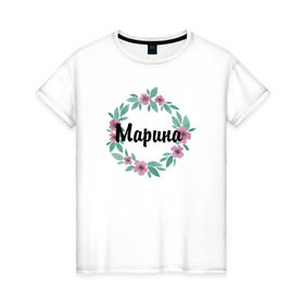 Женская футболка хлопок с принтом Марина в Новосибирске, 100% хлопок | прямой крой, круглый вырез горловины, длина до линии бедер, слегка спущенное плечо | акварель | венок | марина | цветы