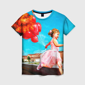 Женская футболка 3D с принтом Девочка с шариками в Новосибирске, 100% полиэфир ( синтетическое хлопкоподобное полотно) | прямой крой, круглый вырез горловины, длина до линии бедер | картина | огонь