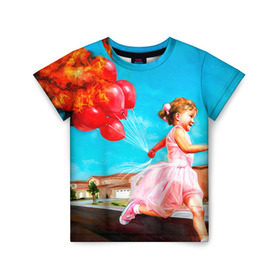 Детская футболка 3D с принтом Девочка с шариками в Новосибирске, 100% гипоаллергенный полиэфир | прямой крой, круглый вырез горловины, длина до линии бедер, чуть спущенное плечо, ткань немного тянется | картина | огонь