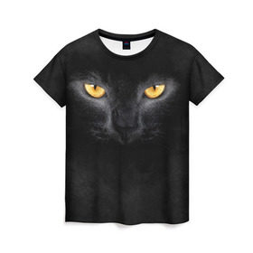 Женская футболка 3D с принтом Черная кошка в Новосибирске, 100% полиэфир ( синтетическое хлопкоподобное полотно) | прямой крой, круглый вырез горловины, длина до линии бедер | глаза | киса | кот | котик | кошка | черная кошка