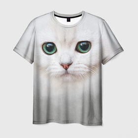 Мужская футболка 3D с принтом Белый котик в Новосибирске, 100% полиэфир | прямой крой, круглый вырез горловины, длина до линии бедер | Тематика изображения на принте: белая кошка | киса | кот | котик | кошка
