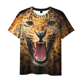 Мужская футболка 3D с принтом Леопард в Новосибирске, 100% полиэфир | прямой крой, круглый вырез горловины, длина до линии бедер | киса | кошка | леопард | хищник