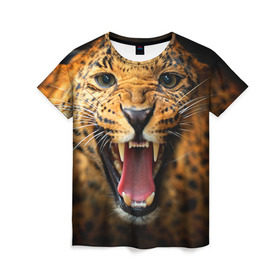 Женская футболка 3D с принтом Леопард в Новосибирске, 100% полиэфир ( синтетическое хлопкоподобное полотно) | прямой крой, круглый вырез горловины, длина до линии бедер | киса | кошка | леопард | хищник
