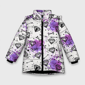 Зимняя куртка для девочек 3D с принтом Стрелы и алмазы в Новосибирске, ткань верха — 100% полиэстер; подклад — 100% полиэстер, утеплитель — 100% полиэстер. | длина ниже бедра, удлиненная спинка, воротник стойка и отстегивающийся капюшон. Есть боковые карманы с листочкой на кнопках, утяжки по низу изделия и внутренний карман на молнии. 

Предусмотрены светоотражающий принт на спинке, радужный светоотражающий элемент на пуллере молнии и на резинке для утяжки. | Тематика изображения на принте: swag | алмазы | бриллианты | кляксы | стрелы