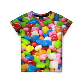 Детская футболка 3D с принтом Конфетки в Новосибирске, 100% гипоаллергенный полиэфир | прямой крой, круглый вырез горловины, длина до линии бедер, чуть спущенное плечо, ткань немного тянется | вкусности | конфеты | мармелад | сладости