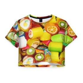 Женская футболка 3D укороченная с принтом Леденцы в Новосибирске, 100% полиэстер | круглая горловина, длина футболки до линии талии, рукава с отворотами | вкусности | конфеты сладости | леденец