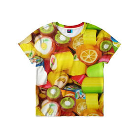 Детская футболка 3D с принтом Леденцы в Новосибирске, 100% гипоаллергенный полиэфир | прямой крой, круглый вырез горловины, длина до линии бедер, чуть спущенное плечо, ткань немного тянется | вкусности | конфеты сладости | леденец