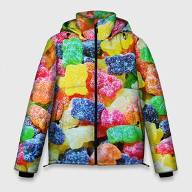 Мужская зимняя куртка 3D с принтом Мармеладные мишки в Новосибирске, верх — 100% полиэстер; подкладка — 100% полиэстер; утеплитель — 100% полиэстер | длина ниже бедра, свободный силуэт Оверсайз. Есть воротник-стойка, отстегивающийся капюшон и ветрозащитная планка. 

Боковые карманы с листочкой на кнопках и внутренний карман на молнии. | Тематика изображения на принте: вкусности | конфеты | мармелад | мишки | сладости