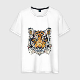 Мужская футболка хлопок с принтом Тигруля в Новосибирске, 100% хлопок | прямой крой, круглый вырез горловины, длина до линии бедер, слегка спущенное плечо. | звери | лев | минимализм | свирепый тигр защитит вас в любое время :)геометрия | тигр