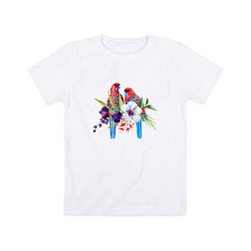 Детская футболка хлопок с принтом Попугаи в Новосибирске, 100% хлопок | круглый вырез горловины, полуприлегающий силуэт, длина до линии бедер | myparrots | акварель | попугаи | птиц | розелла | цветы