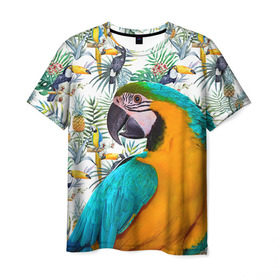 Мужская футболка 3D с принтом Попугаи в Новосибирске, 100% полиэфир | прямой крой, круглый вырез горловины, длина до линии бедер | Тематика изображения на принте: myparrots | parrot | ара | листья | орнамент | попугаи | птицы | рай | синежелтый | тукан | узор | цветы