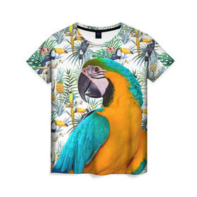 Женская футболка 3D с принтом Попугаи в Новосибирске, 100% полиэфир ( синтетическое хлопкоподобное полотно) | прямой крой, круглый вырез горловины, длина до линии бедер | myparrots | parrot | ара | листья | орнамент | попугаи | птицы | рай | синежелтый | тукан | узор | цветы