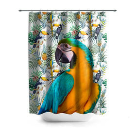 Штора 3D для ванной с принтом Попугаи в Новосибирске, 100% полиэстер | плотность материала — 100 г/м2. Стандартный размер — 146 см х 180 см. По верхнему краю — пластиковые люверсы для креплений. В комплекте 10 пластиковых колец | myparrots | parrot | ара | листья | орнамент | попугаи | птицы | рай | синежелтый | тукан | узор | цветы