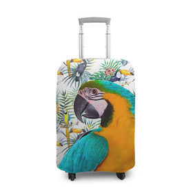 Чехол для чемодана 3D с принтом Попугаи в Новосибирске, 86% полиэфир, 14% спандекс | двустороннее нанесение принта, прорези для ручек и колес | myparrots | parrot | ара | листья | орнамент | попугаи | птицы | рай | синежелтый | тукан | узор | цветы